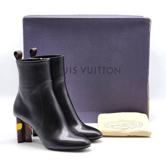 Louis Vuitton x Yayoi Kusama Ankle Leather Boots Black Monogram EU 35 US 5 - New - Picture 1 of 10